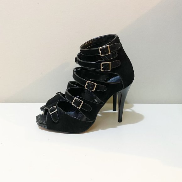 Browns Sexy Suede Leather Multi-Strap High Heel Sandals Black Silver Size 7 - Picture 2 of 9